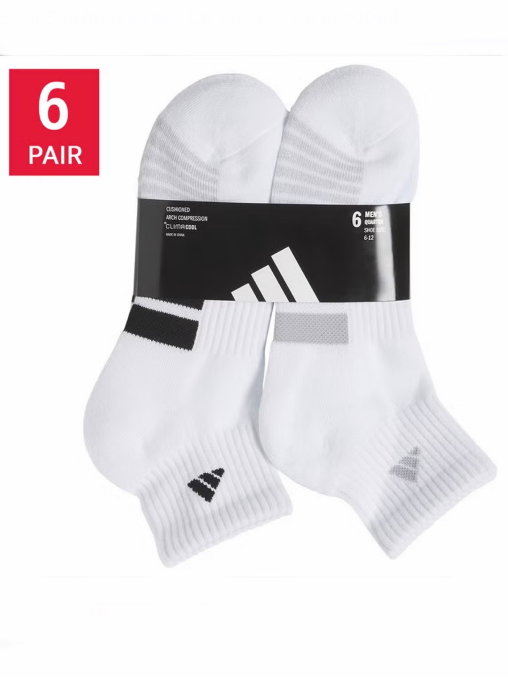 NWT adidas Men's Quarter Sock, 6 Pairs - WHITE pack casual sports active comfy